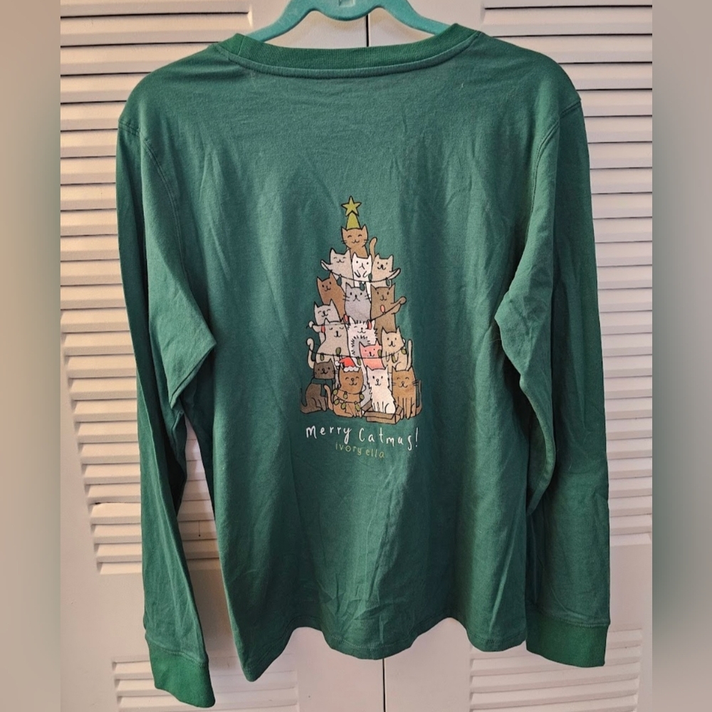 Ivory Ella Green Long Sleeve Top - Merry Catmas - Medium/Large